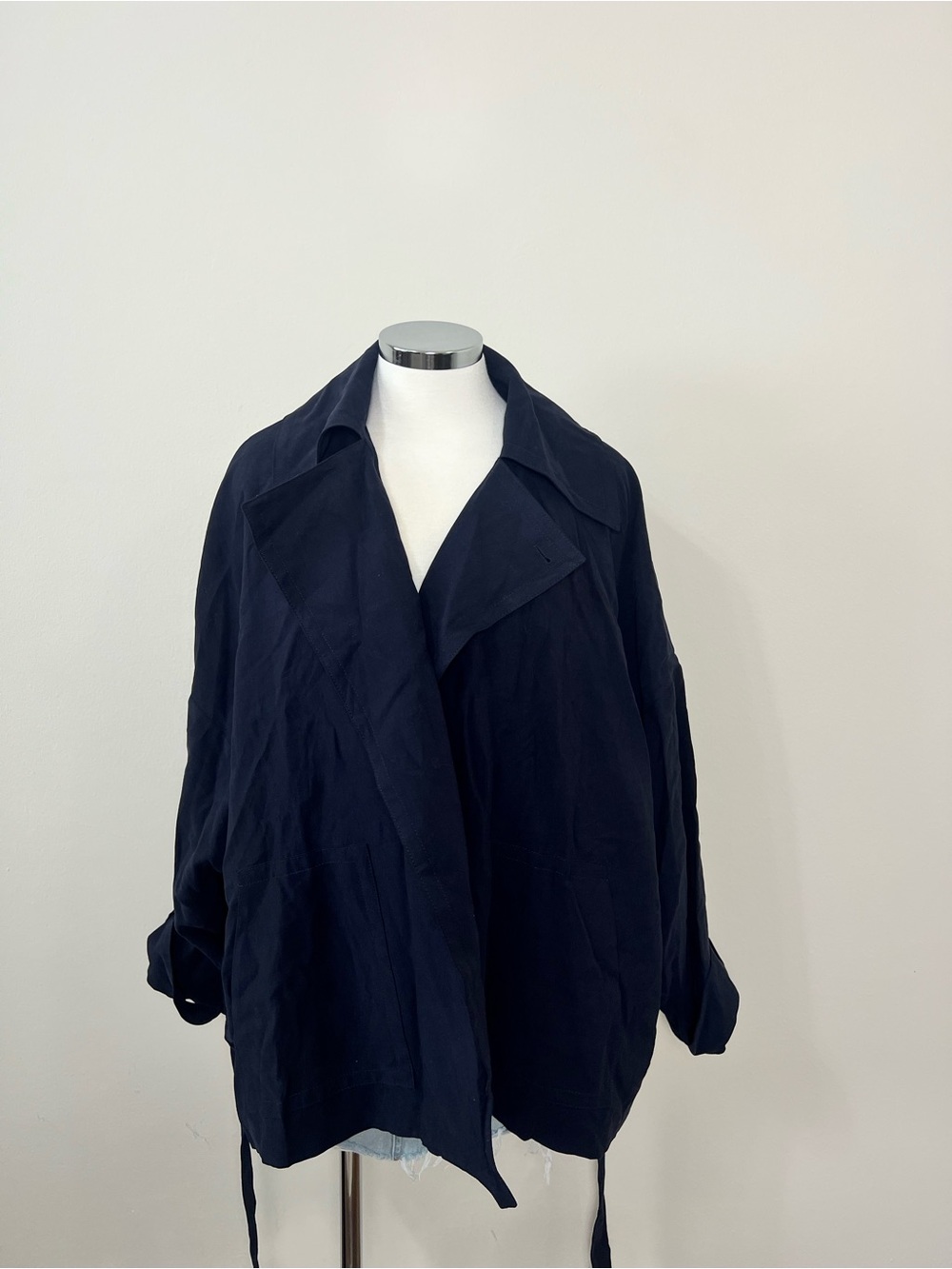 Zara ZW Collection Short Flowy Trench Coat Navy Blue Large NWT Belted Jacket - Picture 8 of 14